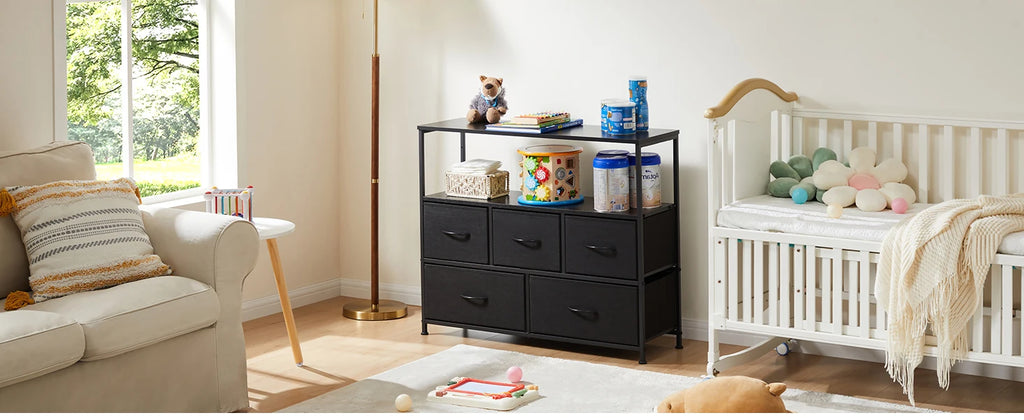 JHK Shoe Cabinet Dresser With 5 Fabric Drawers Toy Storage TV Stand Multilayer Shoe Rack Space Saving Cabinet Of Home Furniture
