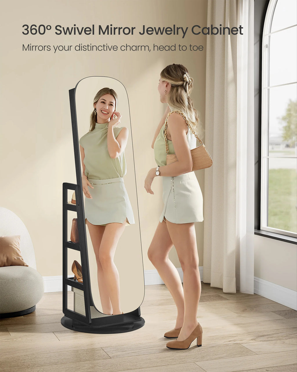 SONGMICS LED Jewelry Cabinet, 360° Swivel Jewelry Organizer, Lockable Mirror Jewelry Cabinet Standing, Interior Mirror
