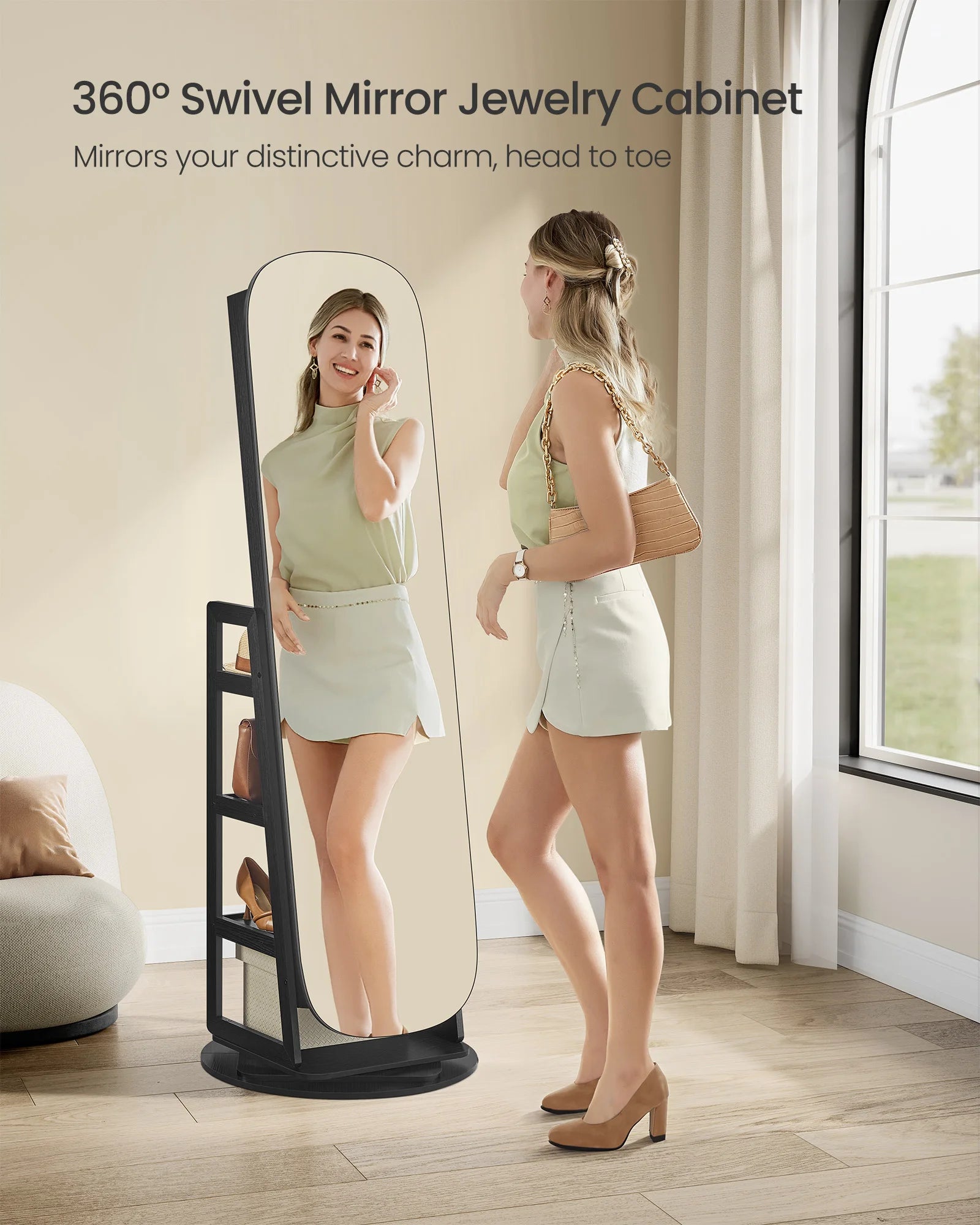 SONGMICS LED Jewelry Cabinet, 360° Swivel Jewelry Organizer, Lockable Mirror Jewelry Cabinet Standing, Interior Mirror