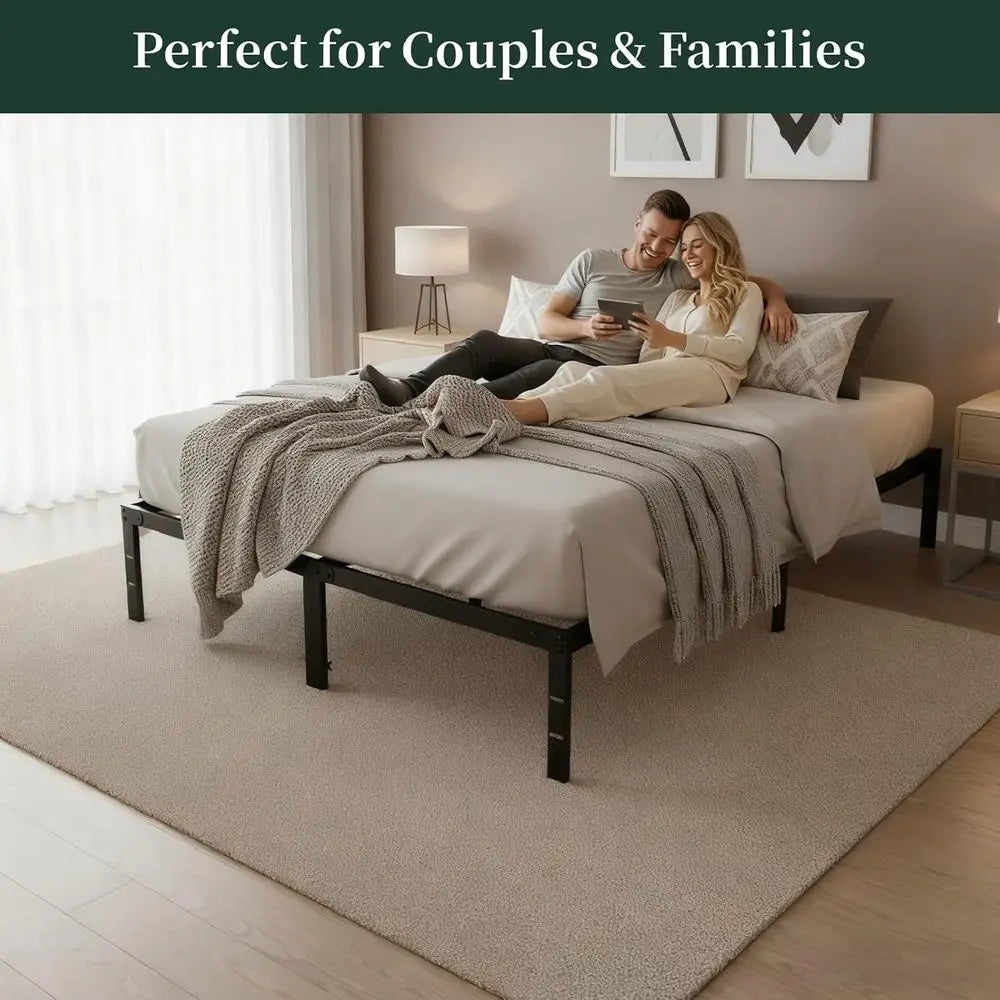 Queen Size 14 Metal Platform Bed with Steel Slat Support, No Box Spring Needed, Easy Assembly, Storage Space