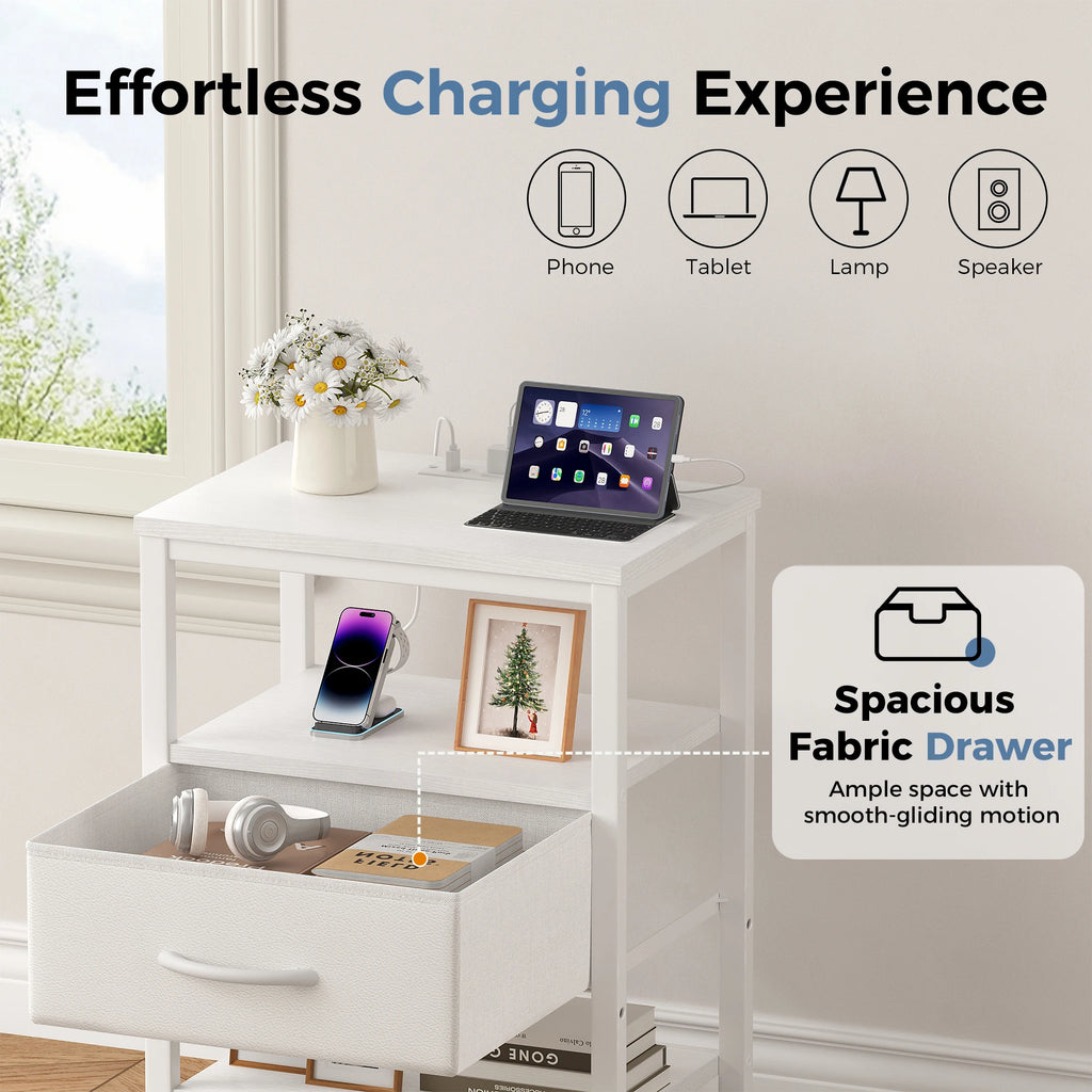 JHK 3-Tier Nightstand Set of 2 with Wireless Charging Station Bedside Tables with Adjustable Fabric Drawers Storage Open Shelf