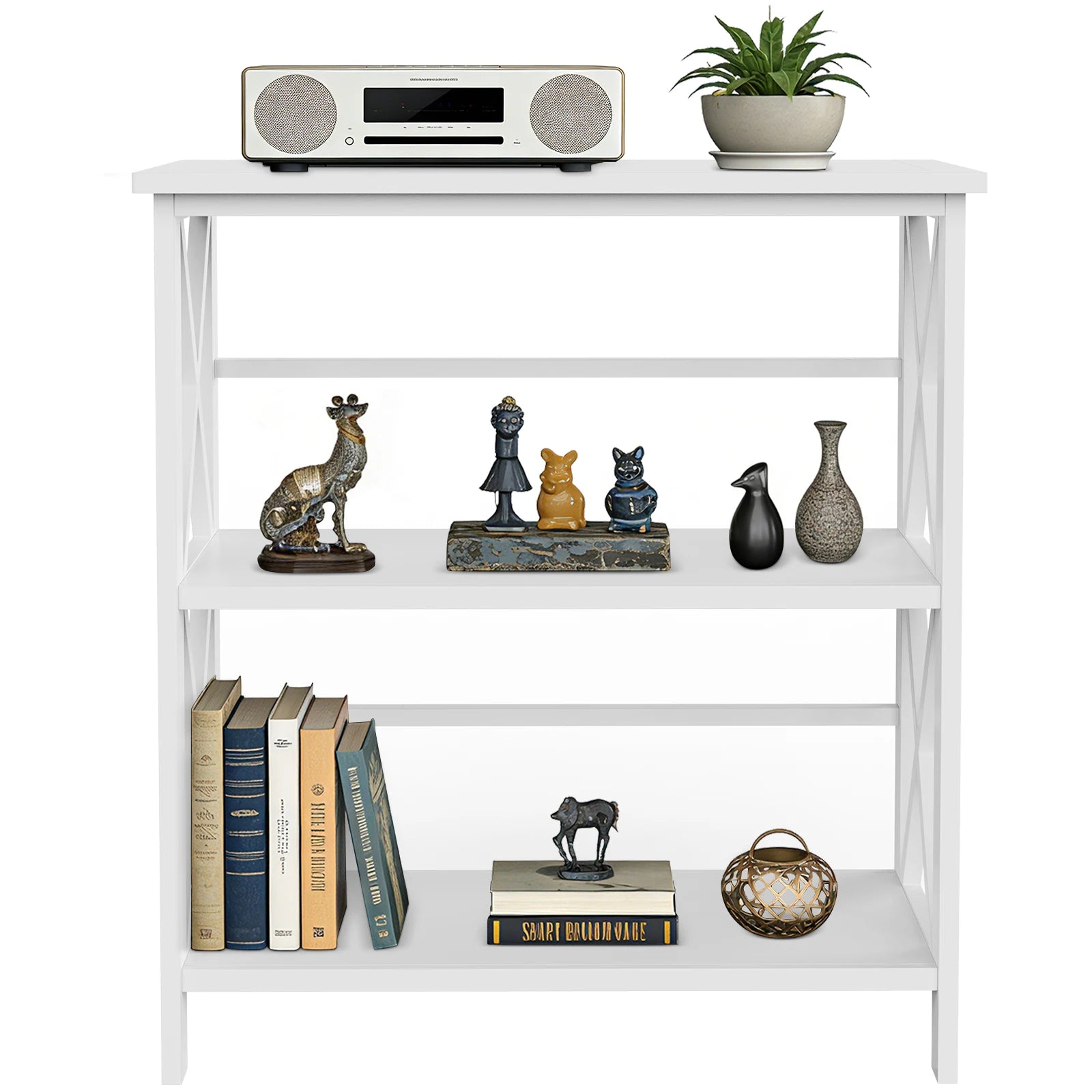 JHK 3 Tier Bookshelf with Wood Shelves Sturdy Wood Frame Heavy Duty X-Design Shelf Storage Organizer for Home Office