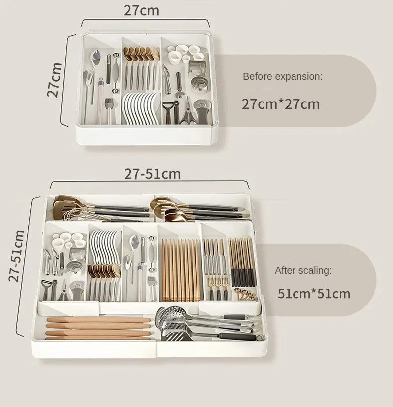 1pc Kitchen Drawer Retractable Storage Box Large-capacity Partitioning Storage Tray Home Tableware Knife Spoon Organizing Box