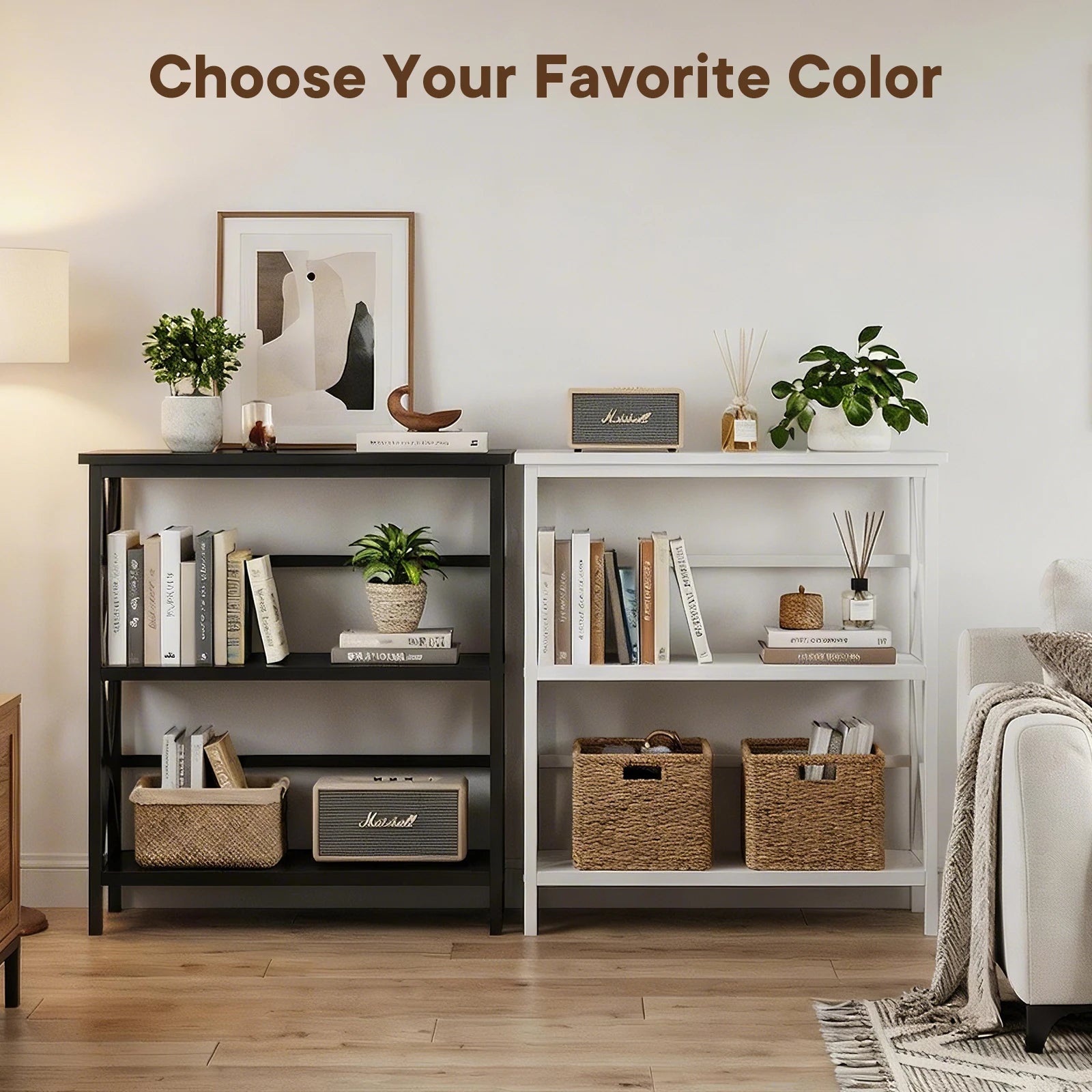 JHK 3 Tier Bookshelf with Wood Shelves Sturdy Wood Frame Heavy Duty X-Design Shelf Storage Organizer for Home Office
