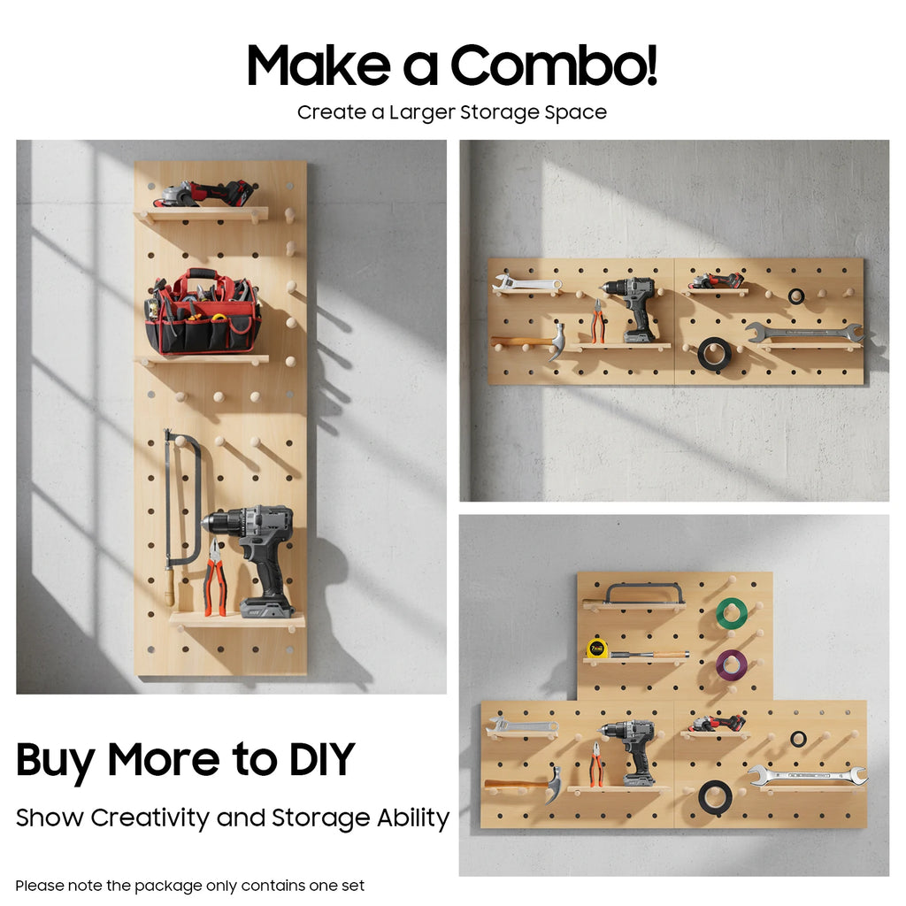 Wall Mount Wood Pegboard, Natural Wood Storage Display Shelf Wall Organizer, Kitchen Office DIY Tool Board Panel Rack Load 10kg