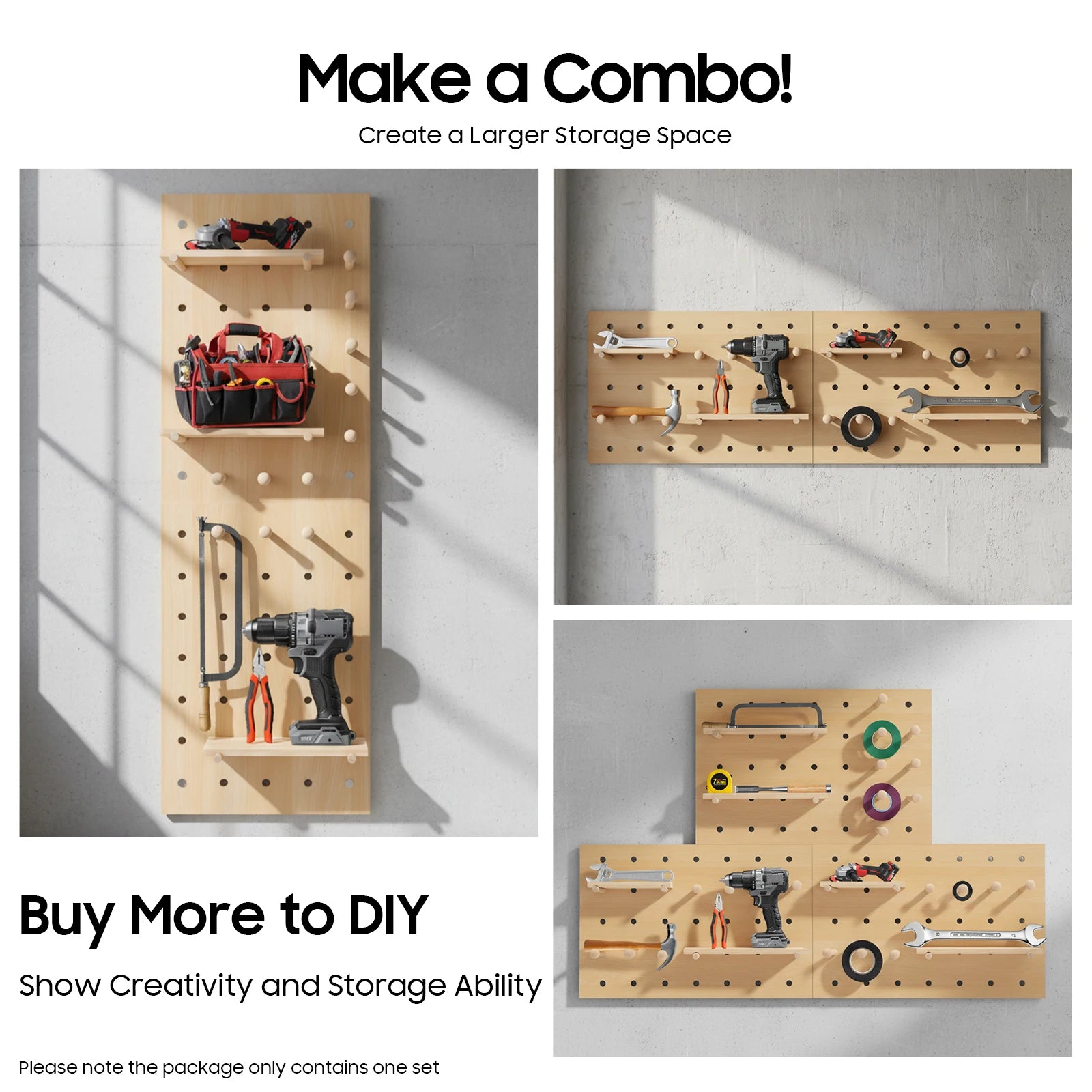 Wall Mount Wood Pegboard, Natural Wood Storage Display Shelf Wall Organizer, Kitchen Office DIY Tool Board Panel Rack Load 10kg