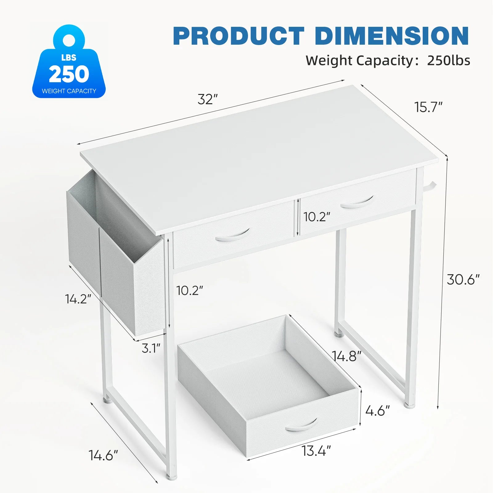 JHK Modern Office Computer Desk 32 Inch with Fabric Storage Drawers Space Side Bag Metal Frame Adjustable Feet For Home PC Table