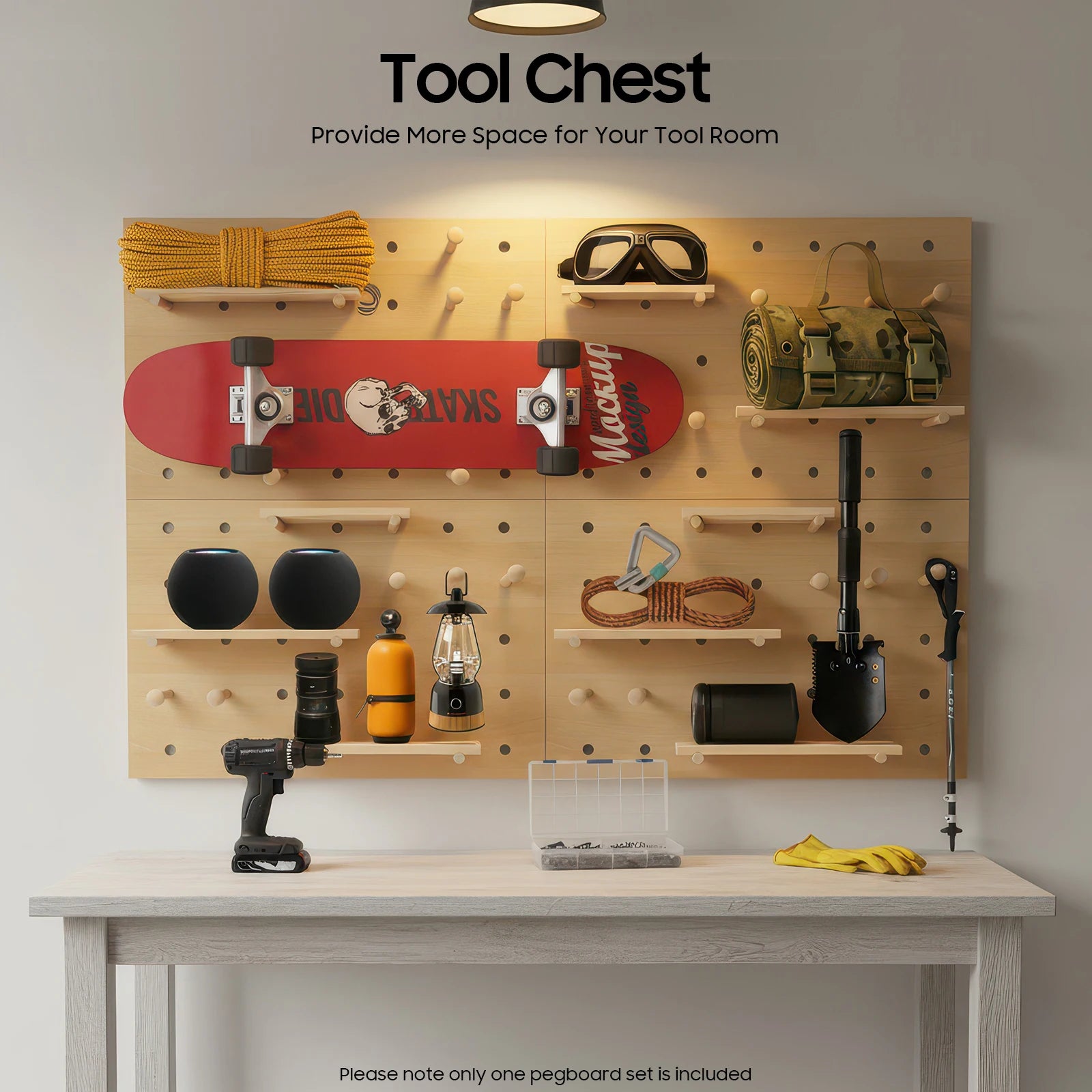 Wall Mount Wood Pegboard, Natural Wood Storage Display Shelf Wall Organizer, Kitchen Office DIY Tool Board Panel Rack Load 10kg