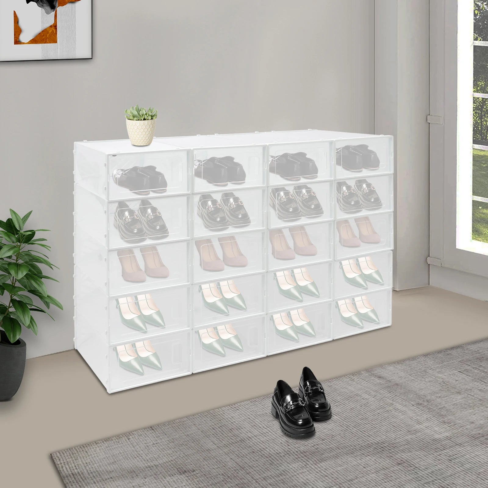 20 Pcs Shoe Storage Box Transparent PP Plastic Shoe Cabinet Moisture & Dust Proof Modern Organizer Black/White
