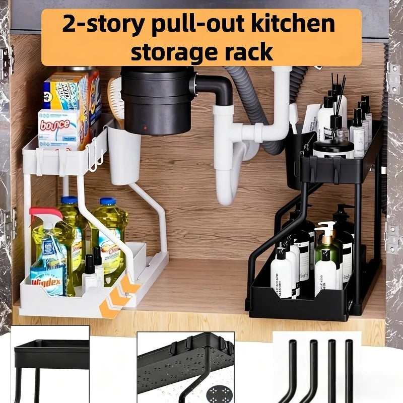 2 Tier Under Sink Organizer, Pull-Out Drawer Storage Rack, Multipurpose Kitchen Bathroom Shelf for Spice, Cosmetics, Toiletries