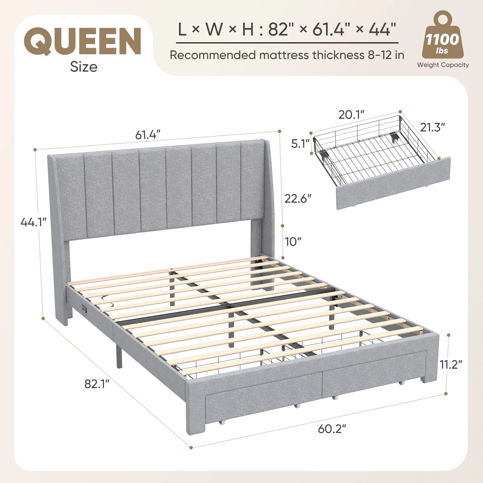 JHK Bed Frame with 2 Drawers Headboard Wood Slats Support Upholstered Platform Bed with and Storage Bed Frame for Home Bedroom