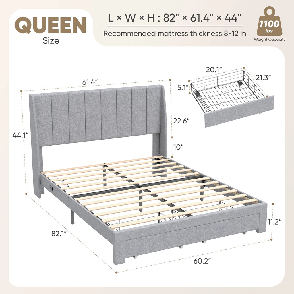 JHK Bed Frame with 2 Drawers Headboard Wood Slats Support Upholstered Platform Bed with and Storage Bed Frame for Home Bedroom