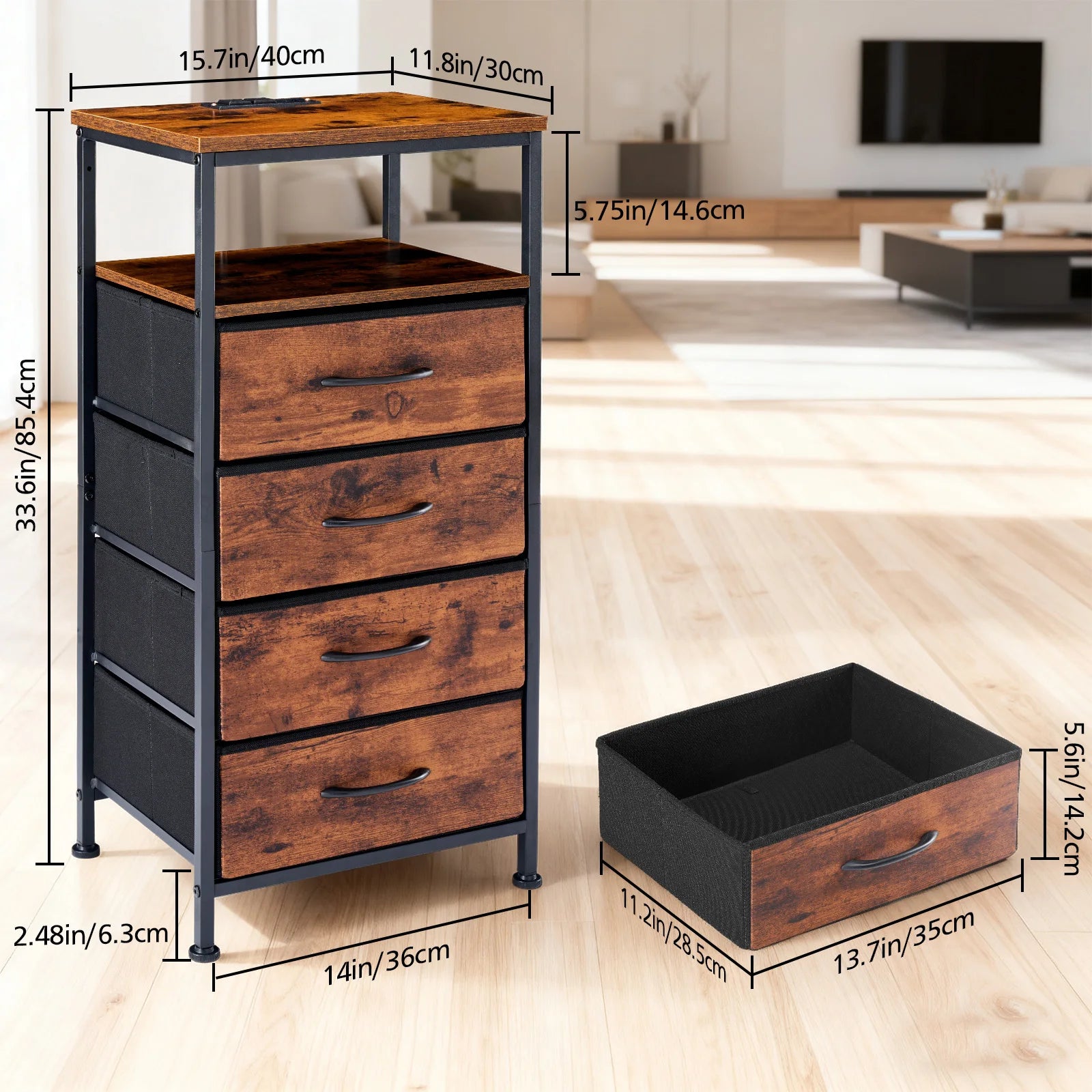JHK Corner Table Cabinet with 4 Fabric Drawers Support USB/Type-C Ports and Outlets Adjustable Feet and Variable Light Strip