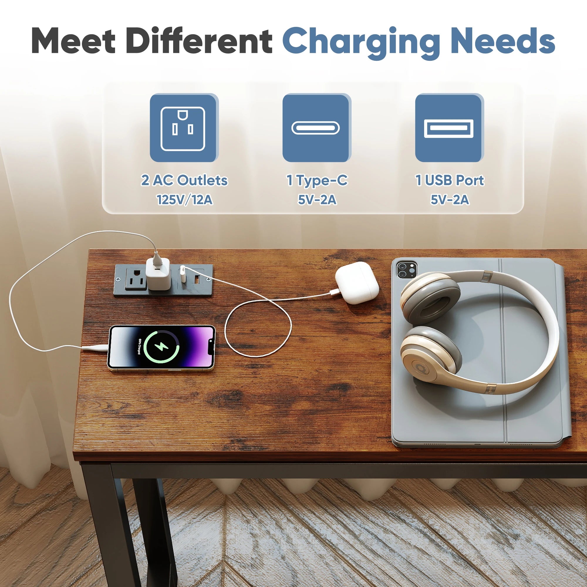 JHK 63IN Sofa Table with Charging Station Overbed Bedside Desk with Outlet Home Use Bed Table Mobile Standing Desk For Bedroom
