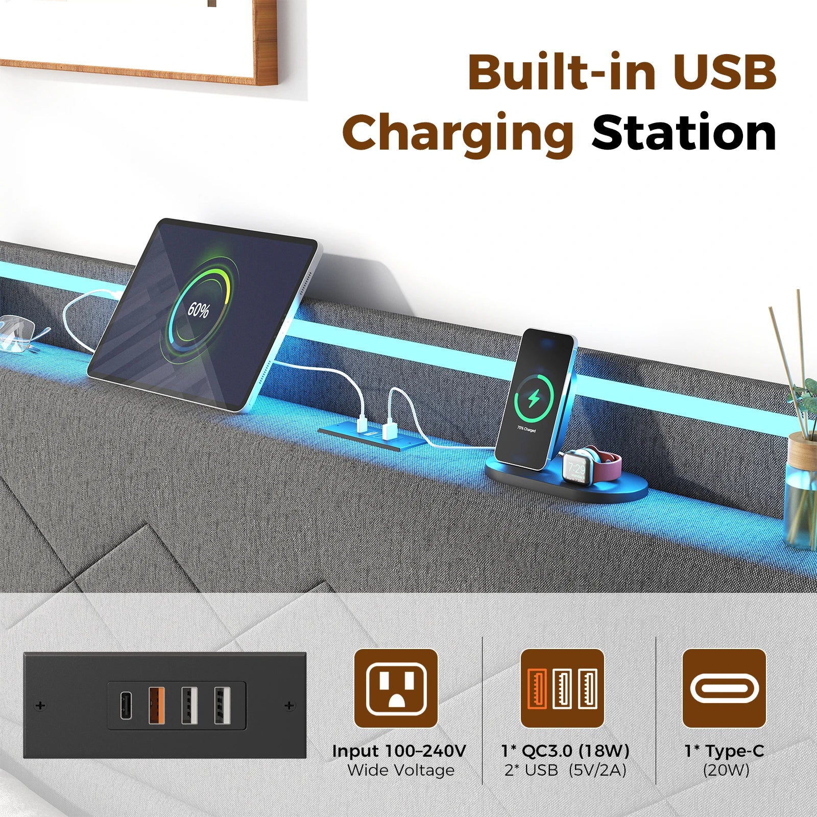 JHK Queen Size Upholstered Bed Frame with Adjustable Headboard 3 USB Charging Ports and LED Light Strip with Bluetooth Control