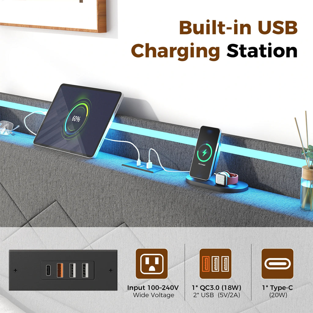 JHK Queen Size Upholstered Bed Frame with Adjustable Headboard 3 USB Charging Ports and LED Light Strip with Bluetooth Control