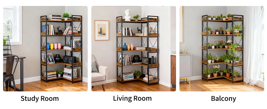 JHK 65 inch L Shaped Bookshelf 5 Tier Corner Bookcase with Hooks and Edge Metal Frame Wooden Open Storage for Living Room Home
