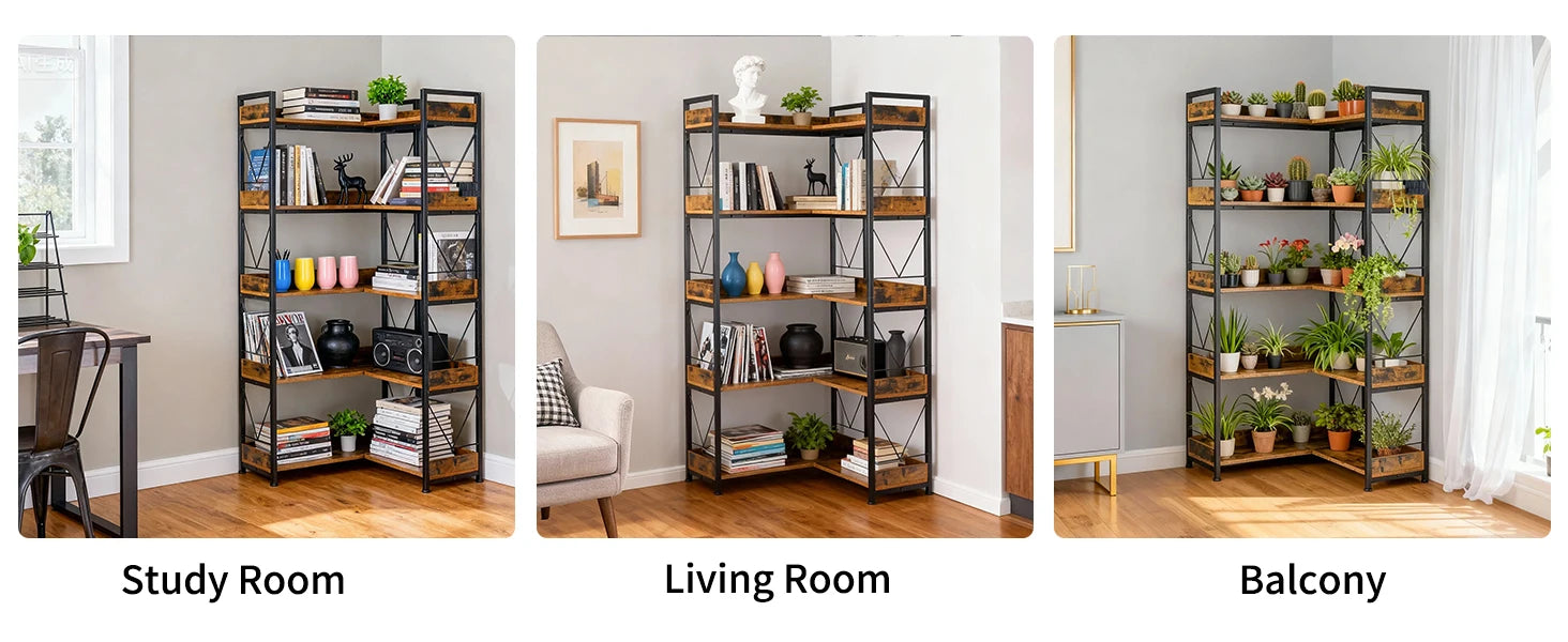 JHK 65 inch L Shaped Bookshelf 5 Tier Corner Bookcase with Hooks and Edge Metal Frame Wooden Open Storage for Living Room Home