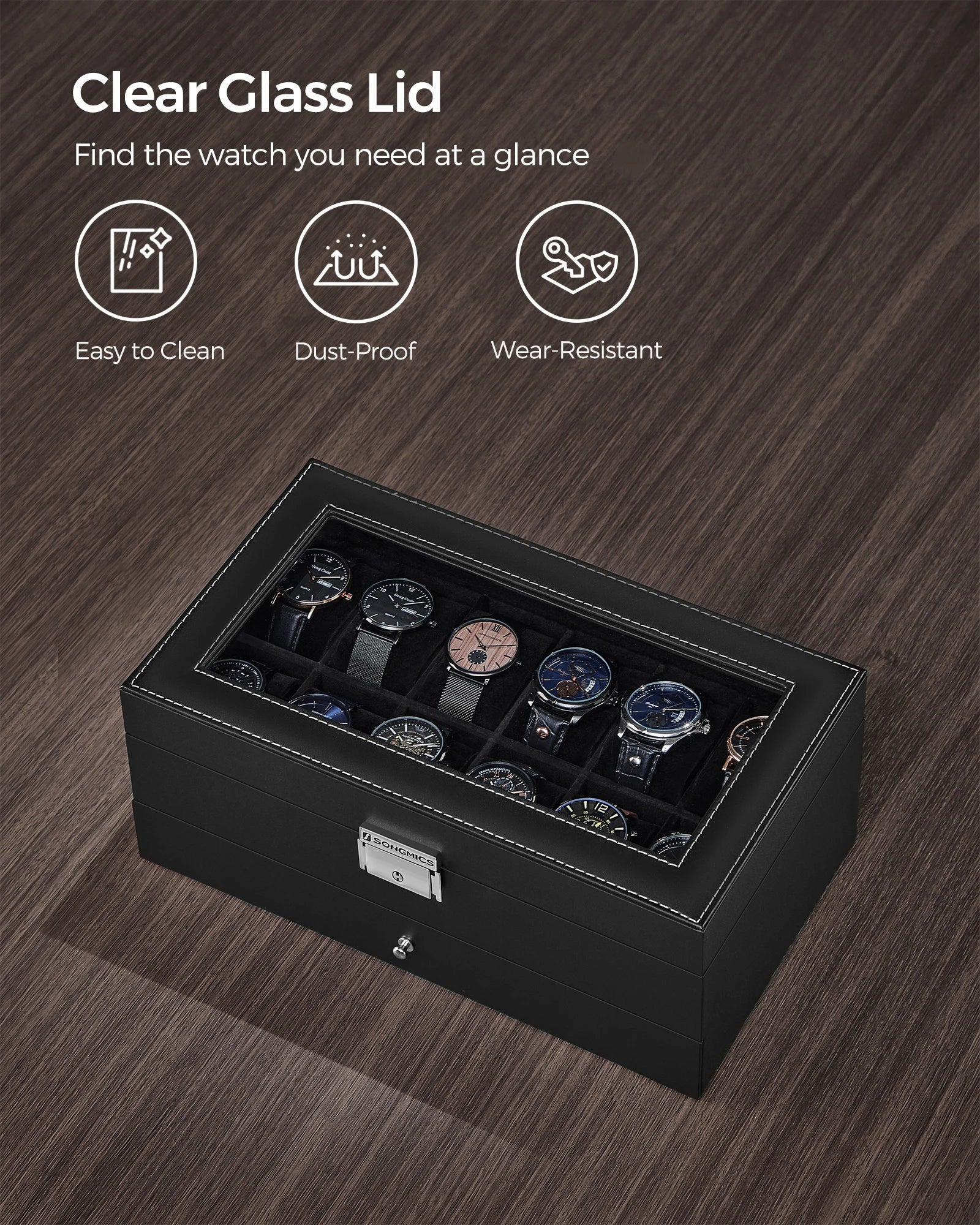 SONGMICS Watch Box, 12-Slot Watch Case Organizer with Large Glass Lid, 2 Layers, Removable Pillows, Metal Lock