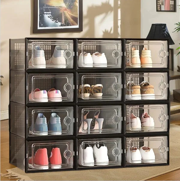 6/12/24 shoe box, thick transparent tape cover, foldable and stackable shoe rack, plastic sports shoe storage box, space saving
