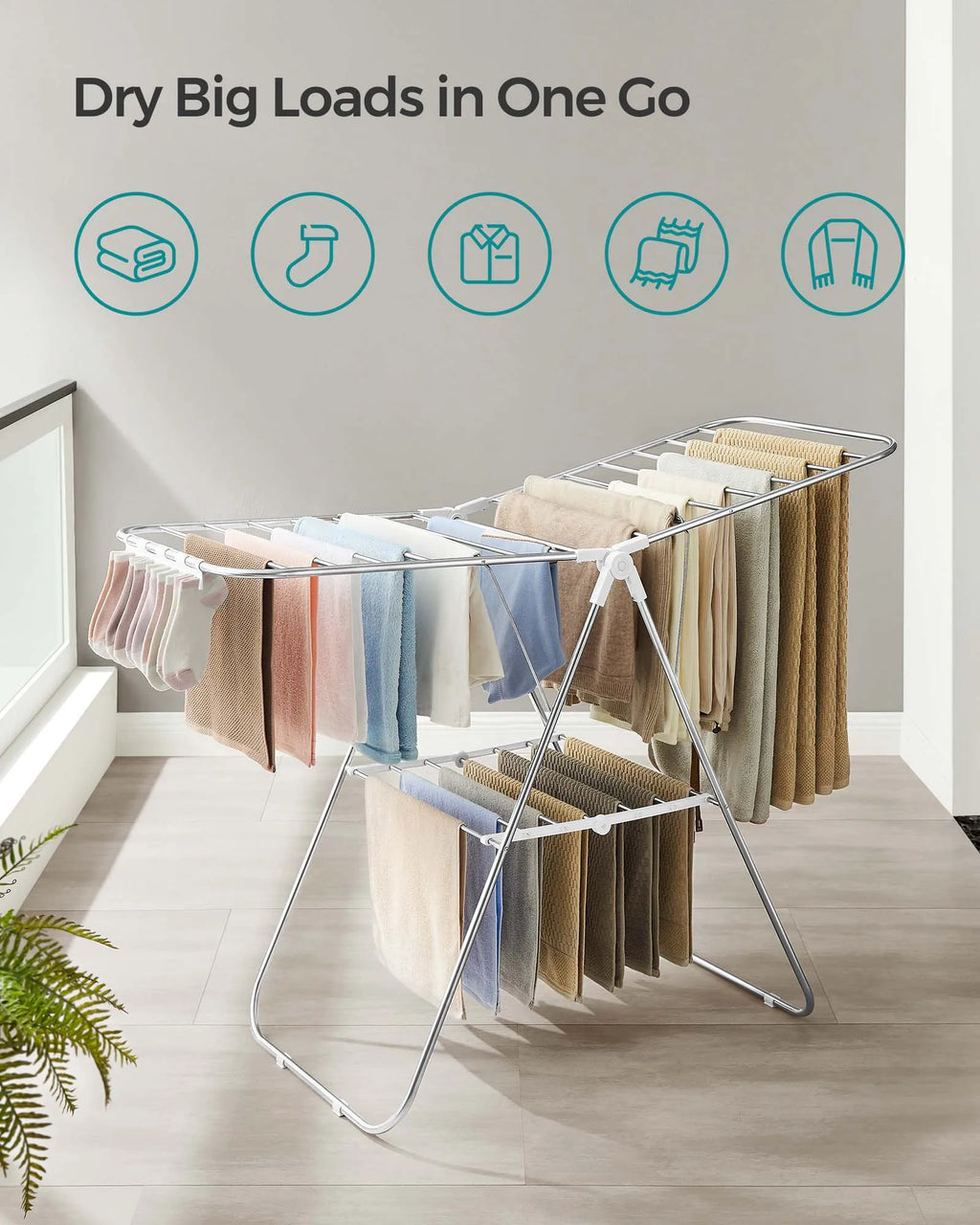 SONGMICS Clothes Drying Rack, with Sock Clips, Metal Laundry Rack, Foldable, Space-Saving, Free-Standing Airer, with 2 Height-Ad
