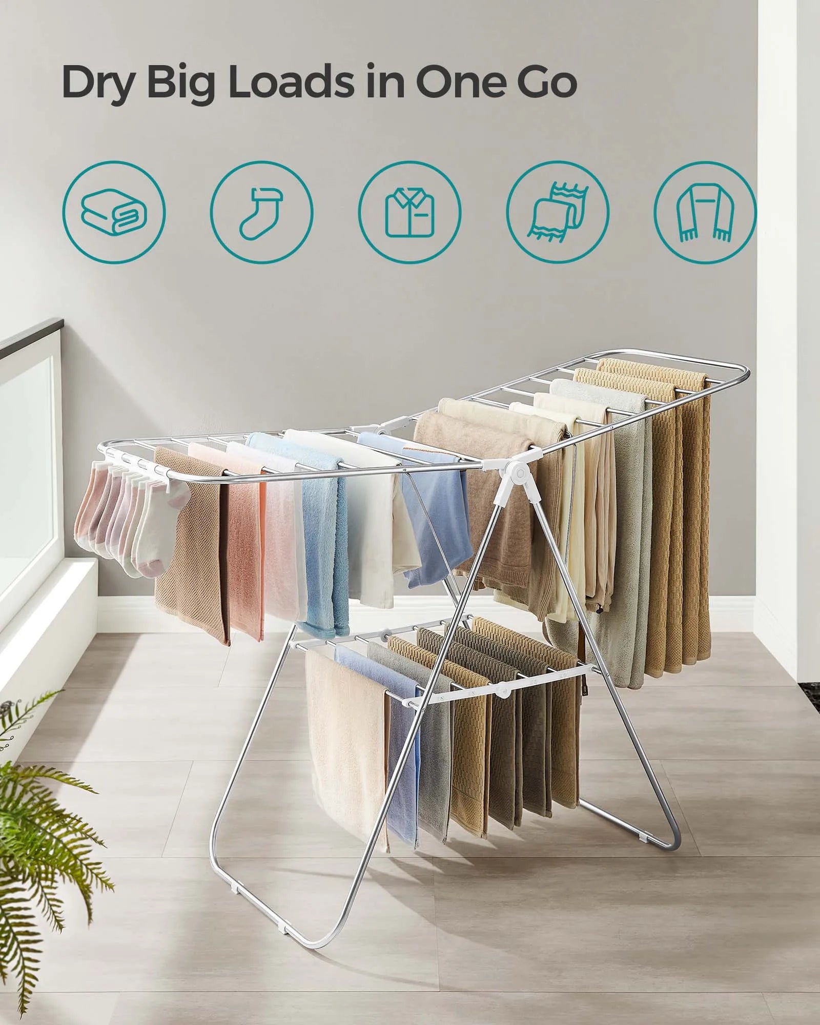 SONGMICS Clothes Drying Rack, with Sock Clips, Metal Laundry Rack, Foldable, Space-Saving, Free-Standing Airer, with 2 Height-Ad