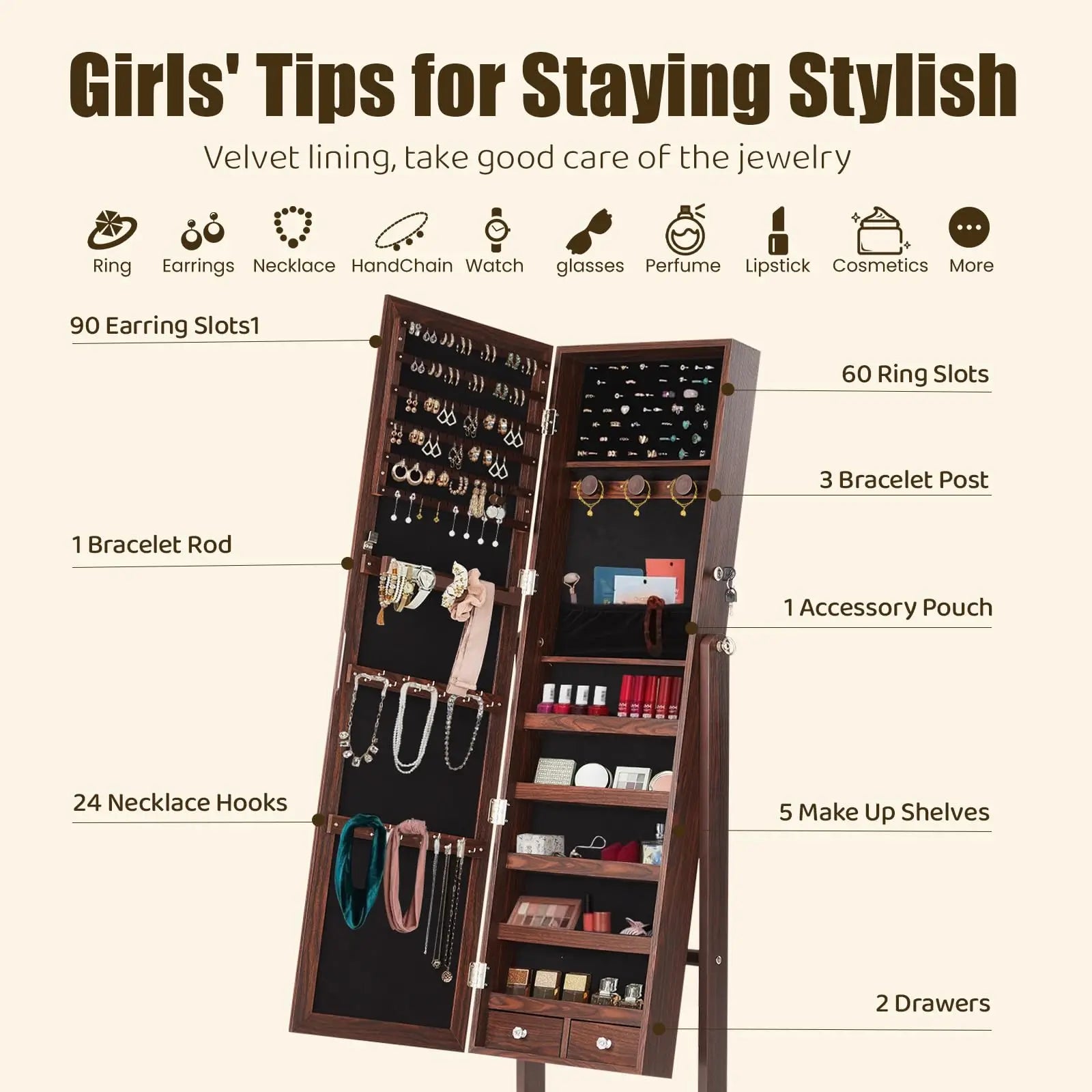 JHK Living Room Jewelry Armoire Cabinet 47.3 Inch Full Length Jewelry Organizer Standing Mirror Makeup Organizer Storage