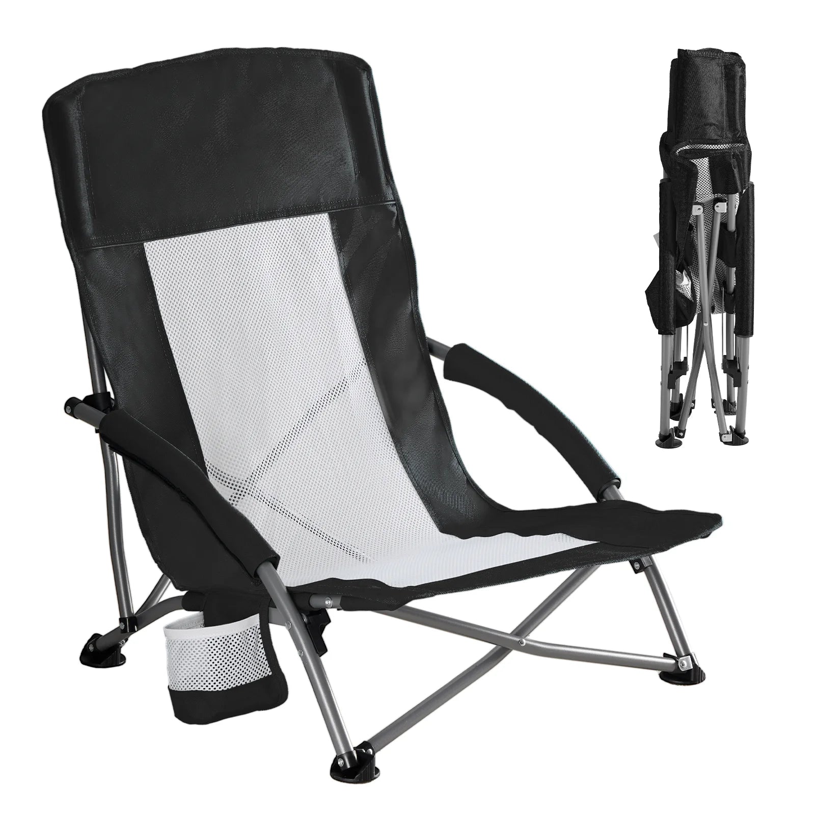 JHK Portable Low Beach Camping Chair Folding Chair with Cup Holder Padded Armrests Sturdy Steel Frame Outdoor Picnic Chair
