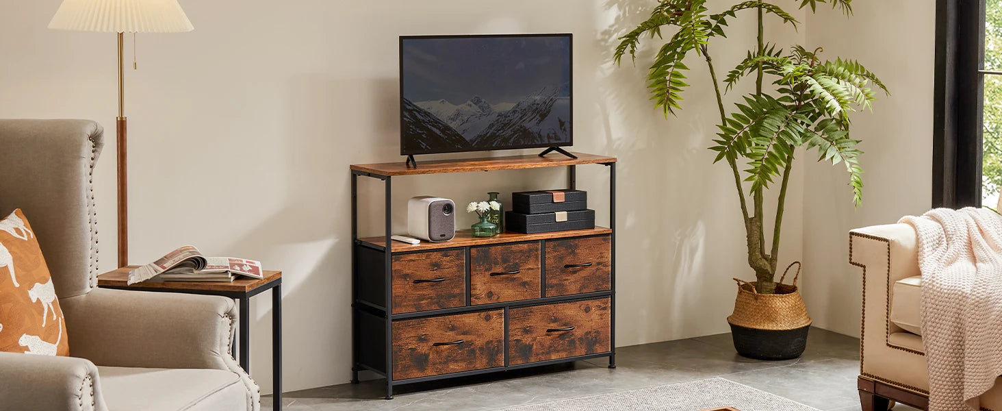 JHK Fireplace TV Stand Dresser For Bedroom With 5 Fabric Drawers Storage Closet Chest Clothes Storage Display Cabinet Furniture