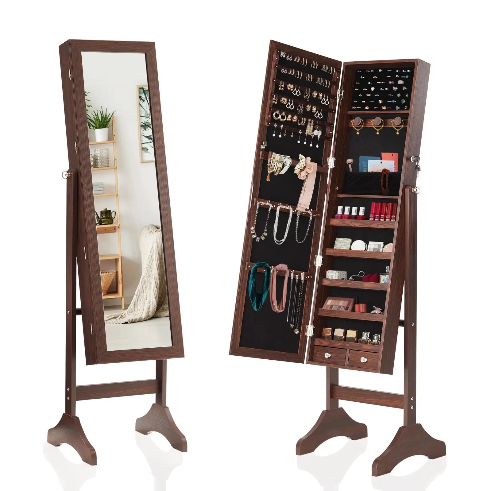 JHK Living Room Jewelry Armoire Cabinet 47.3 Inch Full Length Jewelry Organizer Standing Mirror Makeup Organizer Storage