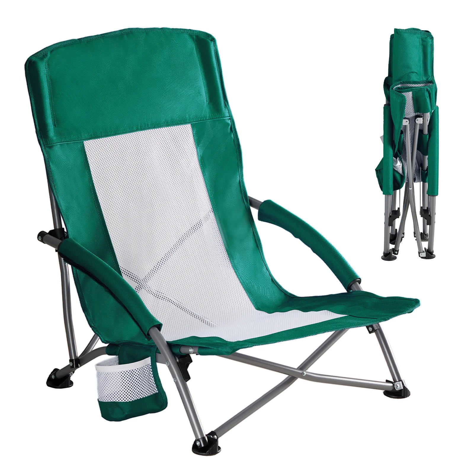 JHK Portable Low Beach Camping Chair Folding Chair with Cup Holder Padded Armrests Sturdy Steel Frame Outdoor Picnic Chair