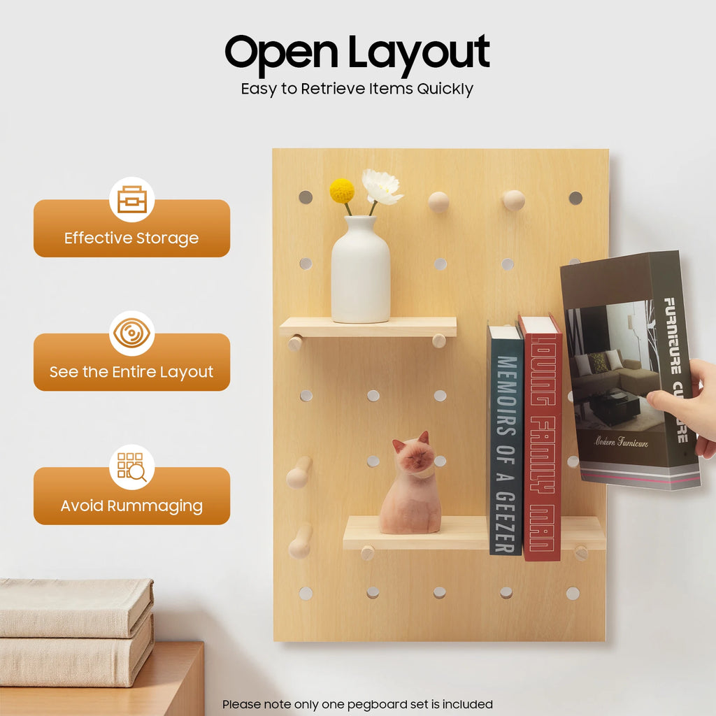 Wall Mount Wood Pegboard, Natural Wood Storage Display Shelf Wall Organizer, Kitchen Office DIY Tool Board Panel Rack Load 10kg