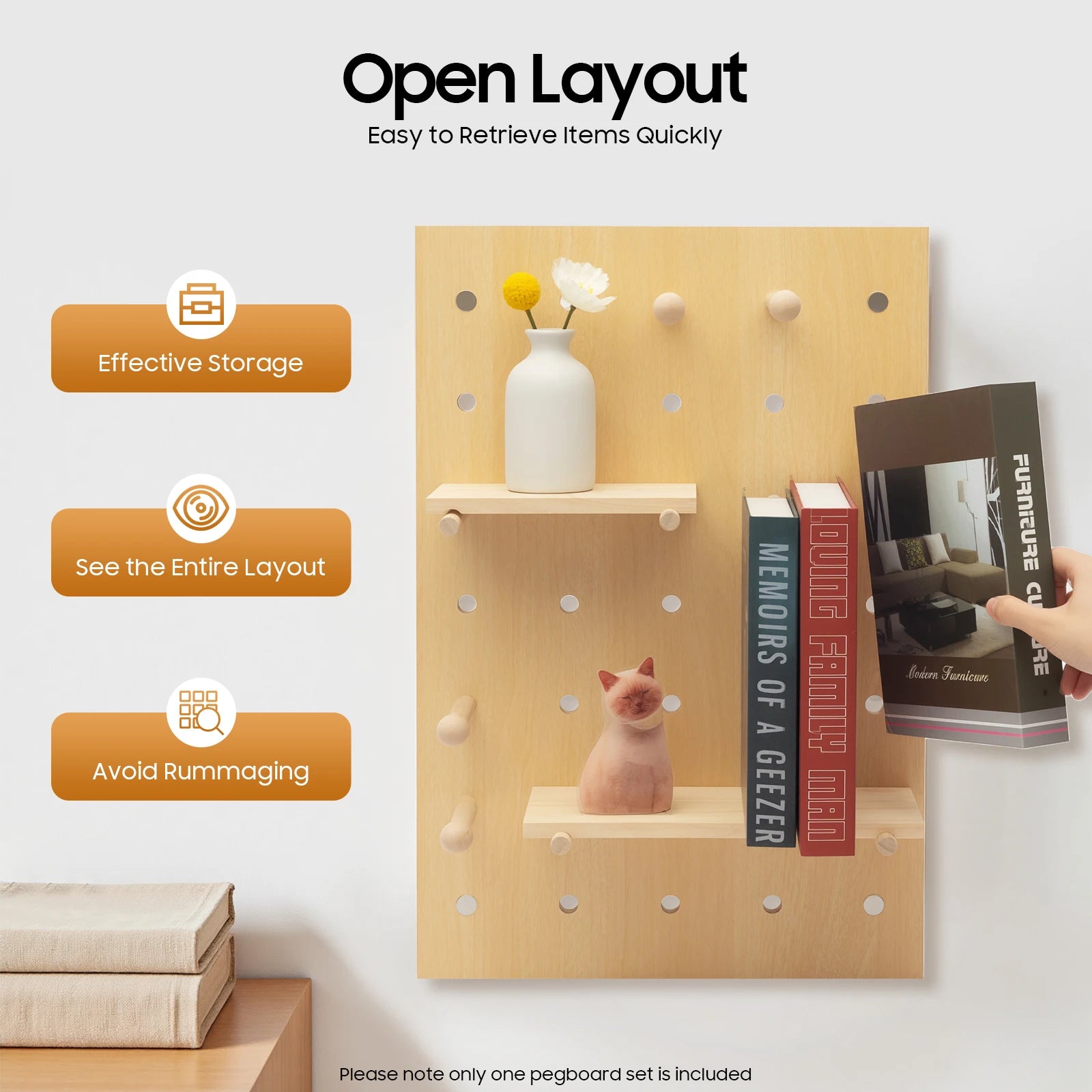 Wall Mount Wood Pegboard, Natural Wood Storage Display Shelf Wall Organizer, Kitchen Office DIY Tool Board Panel Rack Load 10kg