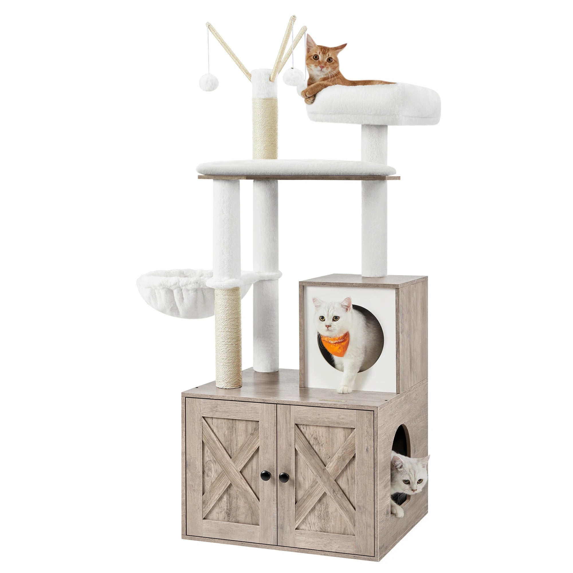 Feandrea Cat Tree with Litter Box Enclosure, 59-Inch Modern Cat Tower, 2-in-1 Condo with Scratching Posts