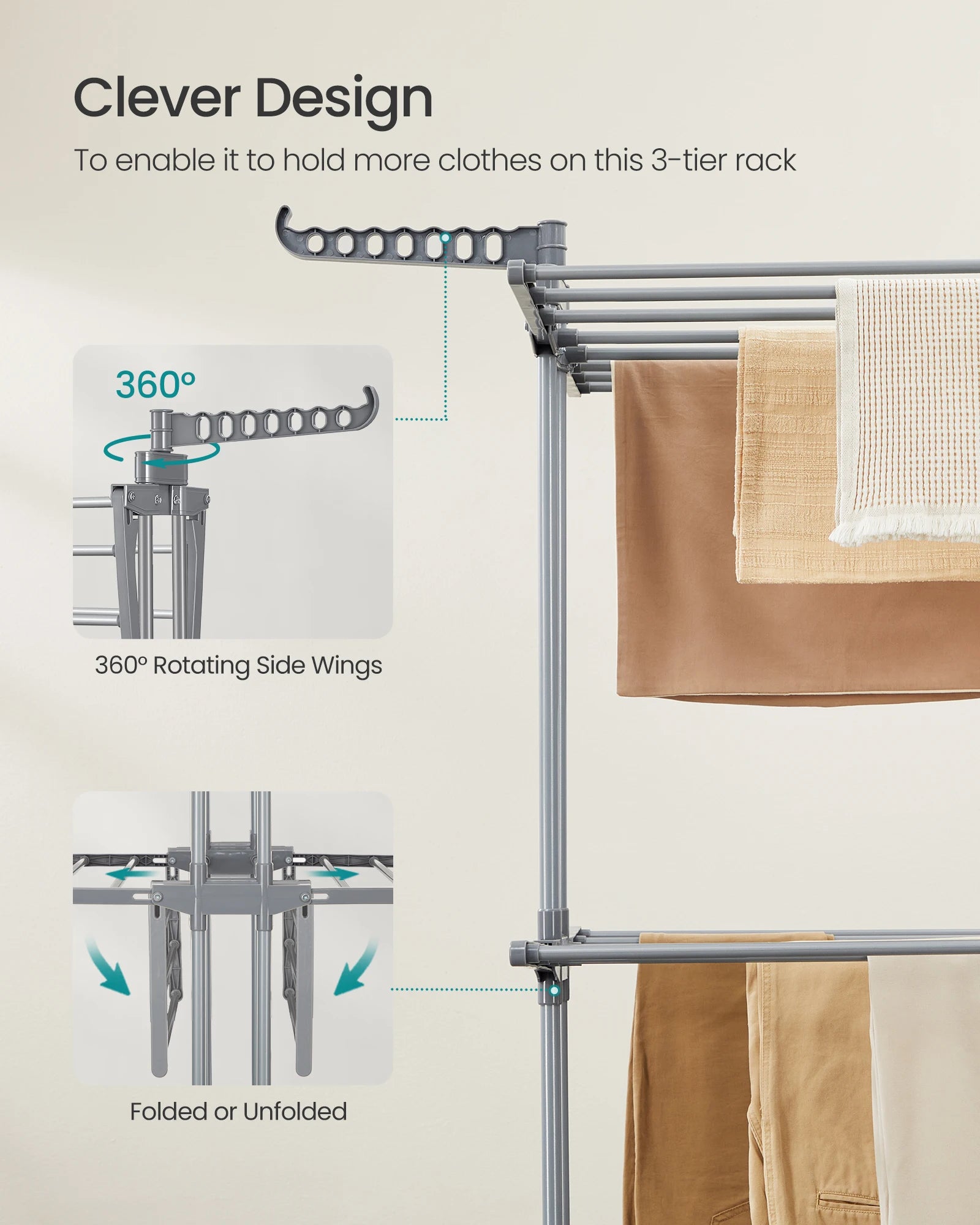 SONGMICS Clothes Drying Rack 3-Tier, Foldable Laundry Drying Rack 58.3-Inch Tall, Stainless Steel, Rolling Clothes Horses, Cloth