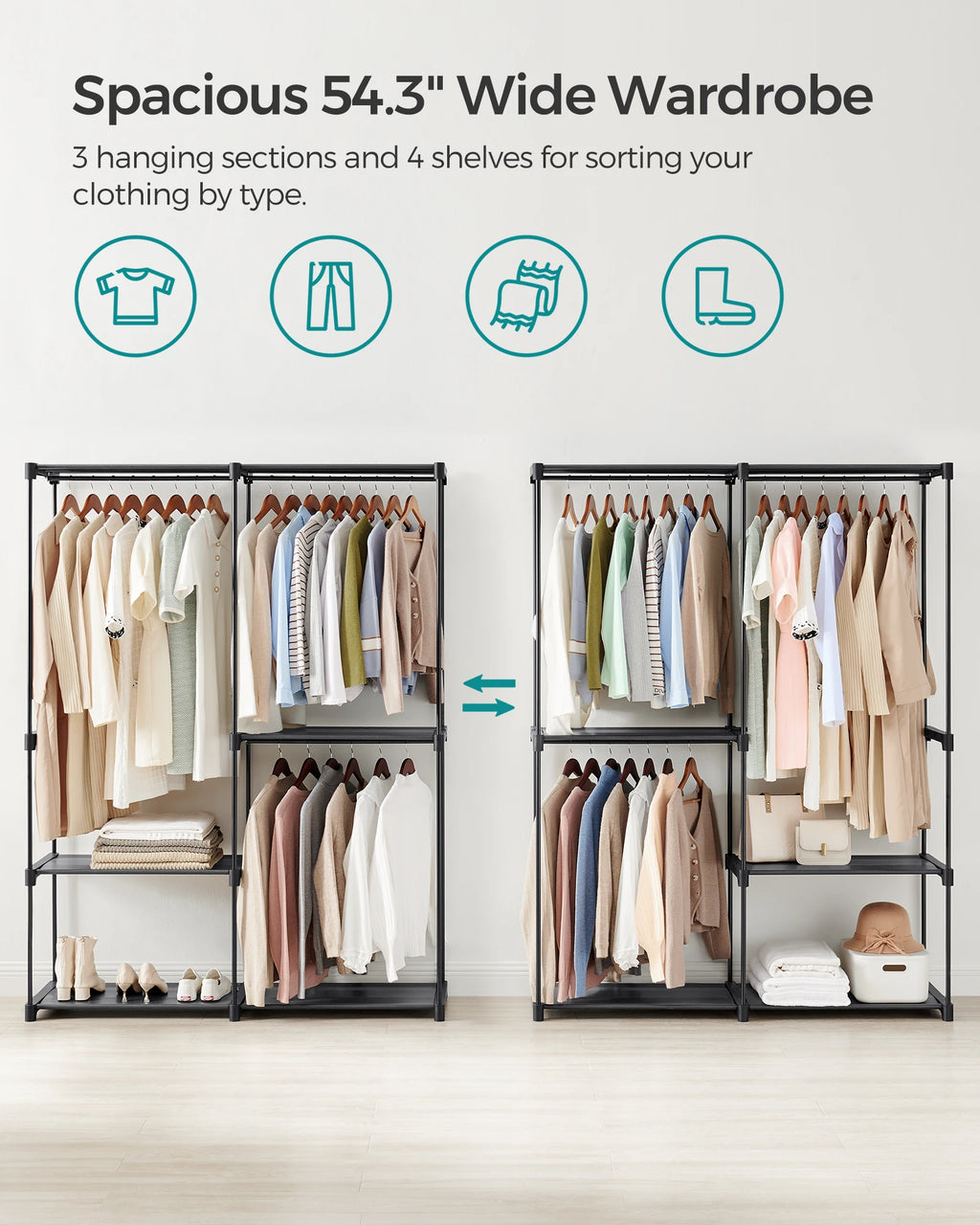 SONGMICS Portable Closet, Freestanding Closet Organizer, Clothes Rack with Shelves, Hanging Rods, Storage Organizer, for Cloakro
