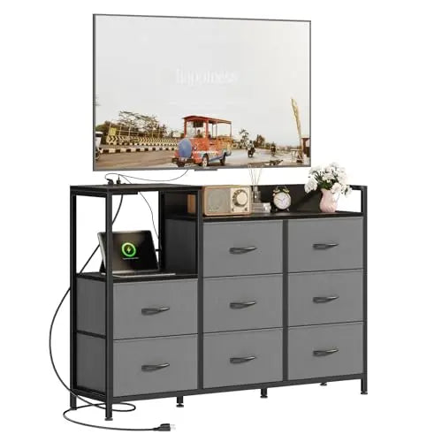 JHK Cabinet With 8 Fabric Drawers TV Stand Metal Frame With Charging Station Entertainment Center TV Storage Display Furniture