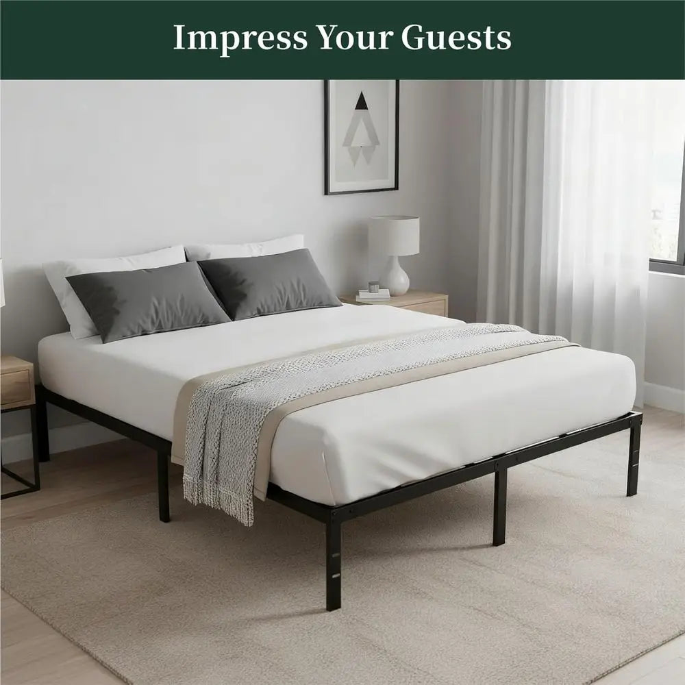 Queen Size 14 Metal Platform Bed with Steel Slat Support, No Box Spring Needed, Easy Assembly, Storage Space