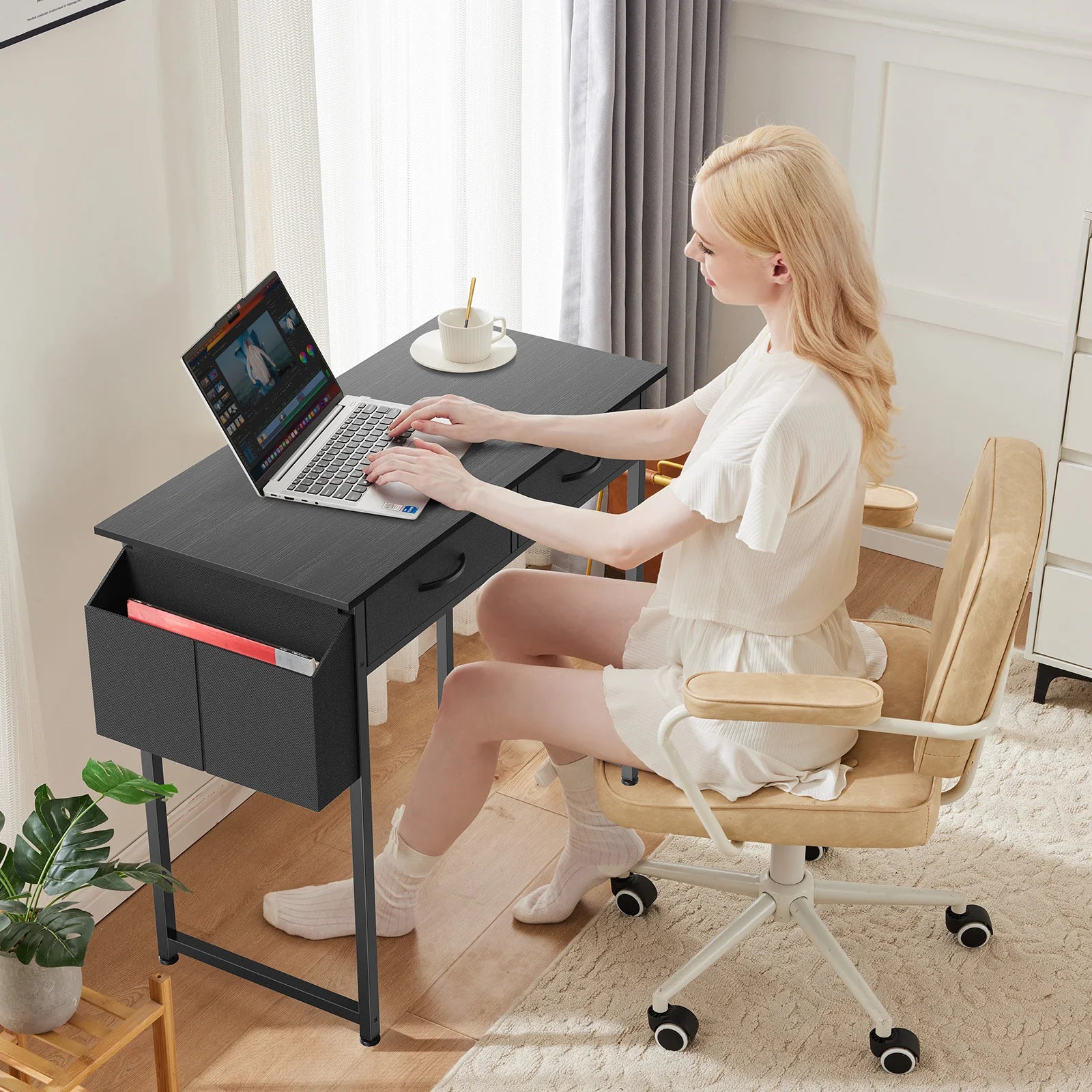 JHK Modern Office Computer Desk 32 Inch with Fabric Storage Drawers Space Side Bag Metal Frame Adjustable Feet For Home PC Table