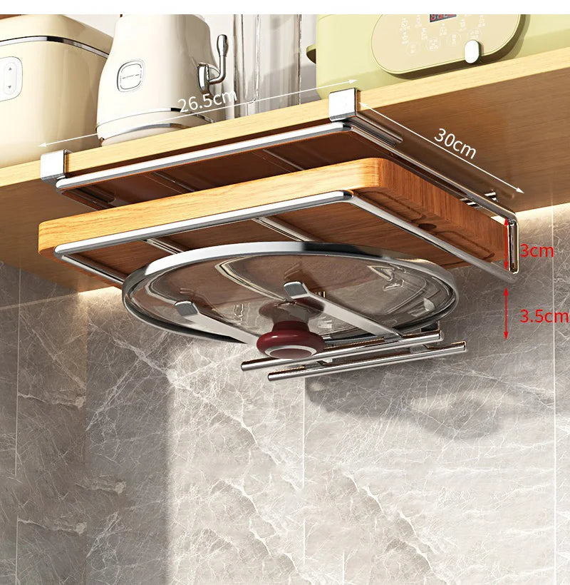 Under Kitchen Cabinet Hanging Organizer Cutting Board Storage Rack Paper Towel Holder No Punch Pot Lid Storage Kitchenware Hook