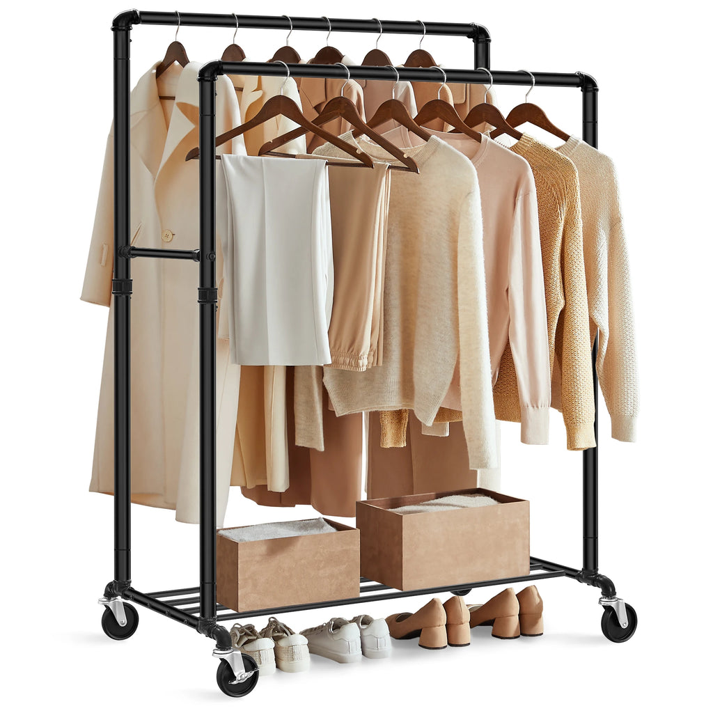 SONGMICS Heavy-Duty Clothes Rack, Double-Rod Clothing Rack for Hanging Clothes, Industrial Garment Rack on Wheels, Metal Frame,