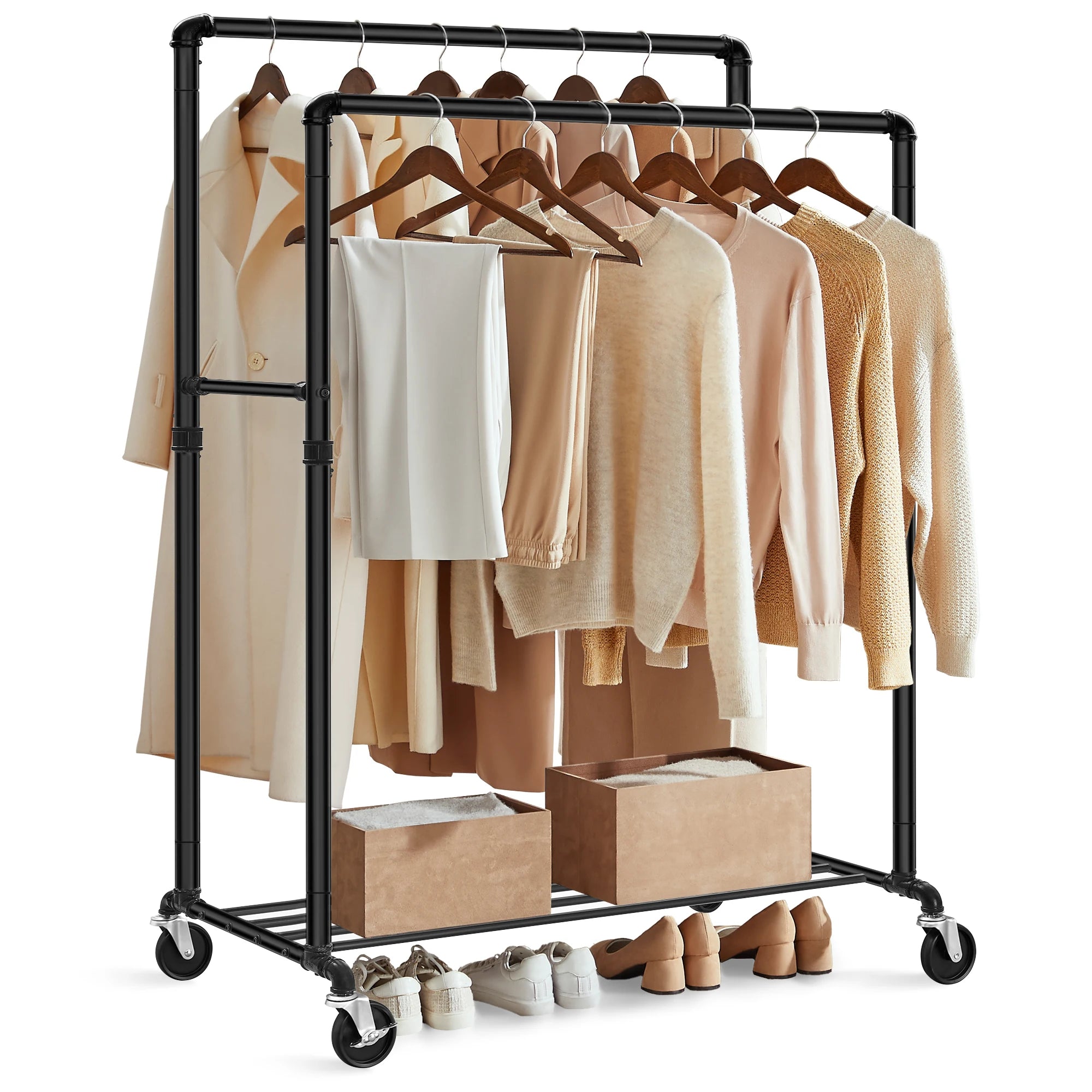 SONGMICS Heavy-Duty Clothes Rack, Double-Rod Clothing Rack for Hanging Clothes, Industrial Garment Rack on Wheels, Metal Frame,