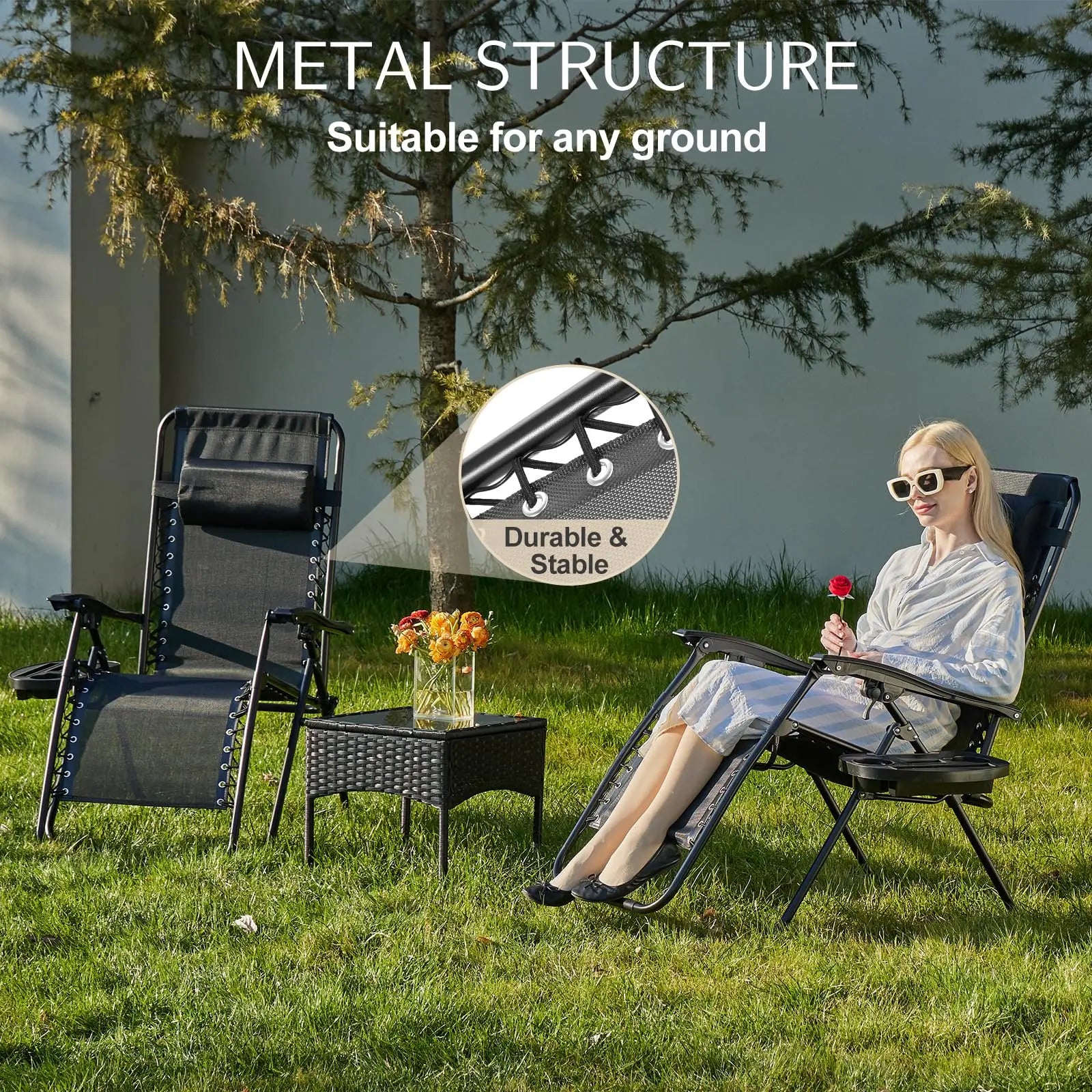 JHK Zero Gravity Portable Recliner Camping Patio Outdoor Garden Lounge Chair with Cup Holder Trays Adjustable Pillow for Backyard