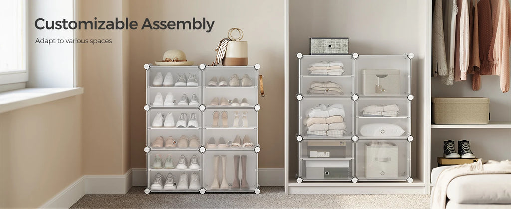 SONGMICS Shoe Rack, 12 Cubes Shoe Organizer with Doors, 48 Pair Plastic Shoe Storage Cabinet, for Bedroom, Entryway, Steel Frame