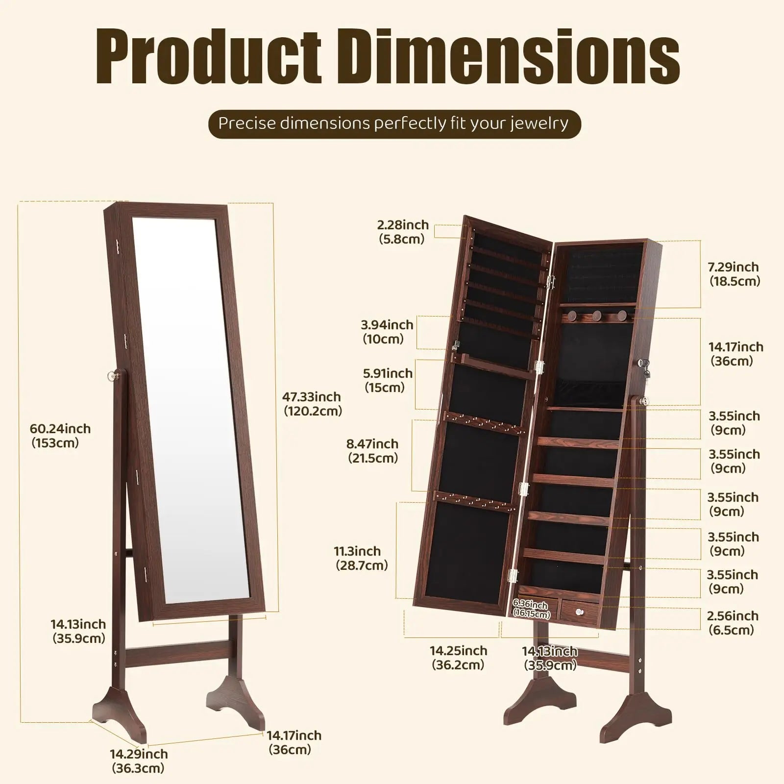 JHK Living Room Jewelry Armoire Cabinet 47.3 Inch Full Length Jewelry Organizer Standing Mirror Makeup Organizer Storage