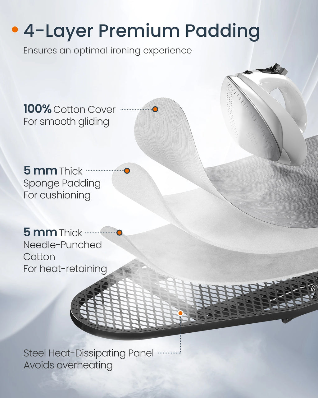 SONGMICS Ironing Board, Foldable Iron Board, Height Adjustable up to 35 Inches, with 4 Layered Cover and Pad, Iron Rest, Hook, S