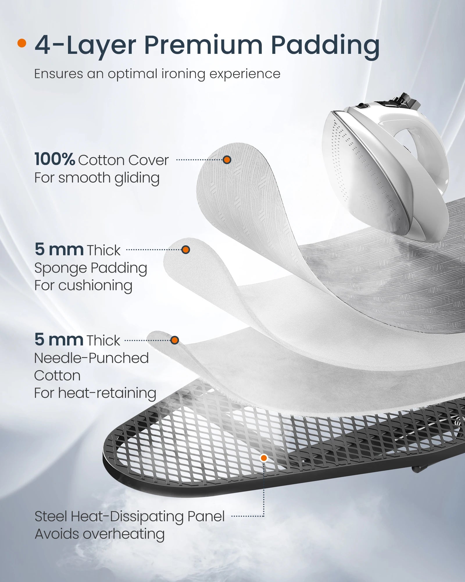 SONGMICS Ironing Board, Foldable Iron Board, Height Adjustable up to 35 Inches, with 4 Layered Cover and Pad, Iron Rest, Hook, S