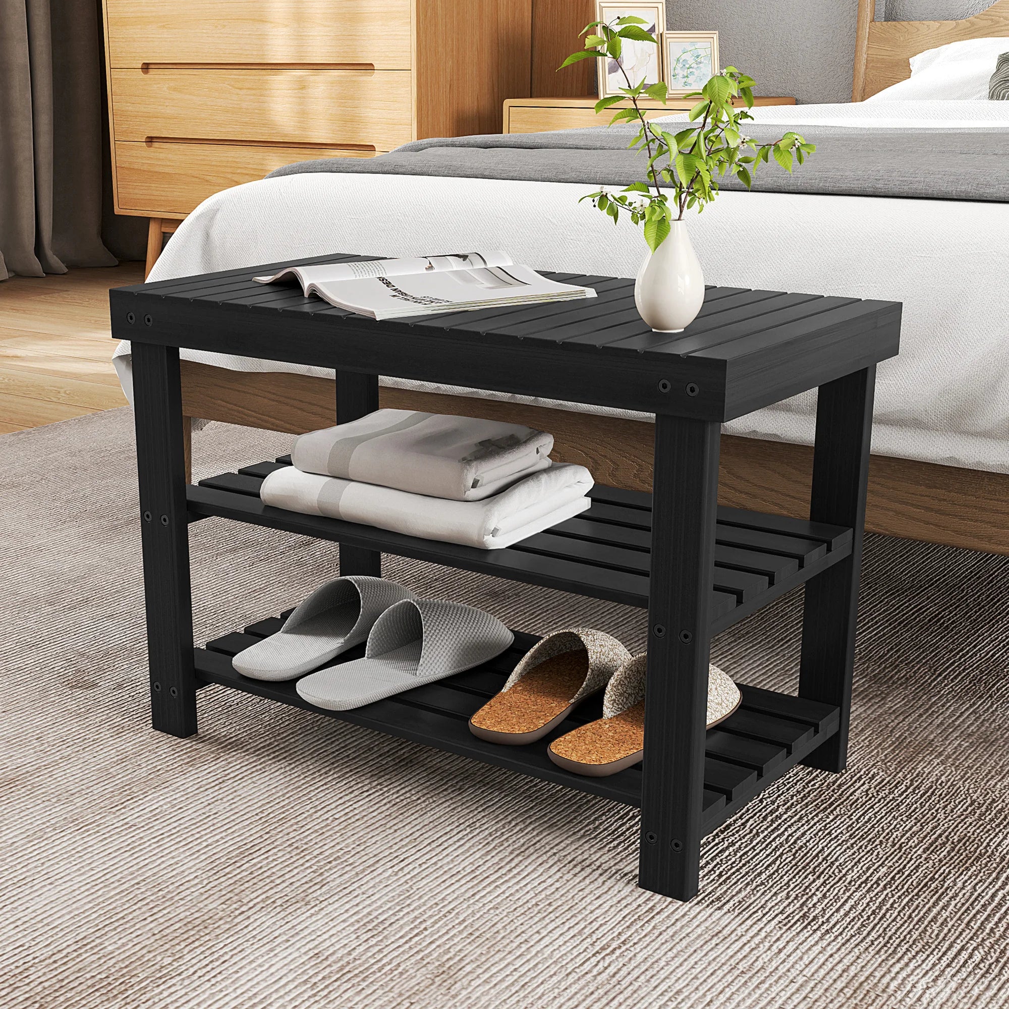 JHK 3-Tier Bamboo Entryway Benches Living Room Shoe Rack Bench Holds Up to 286 lb Storage Organizer for Bedroom Balcony