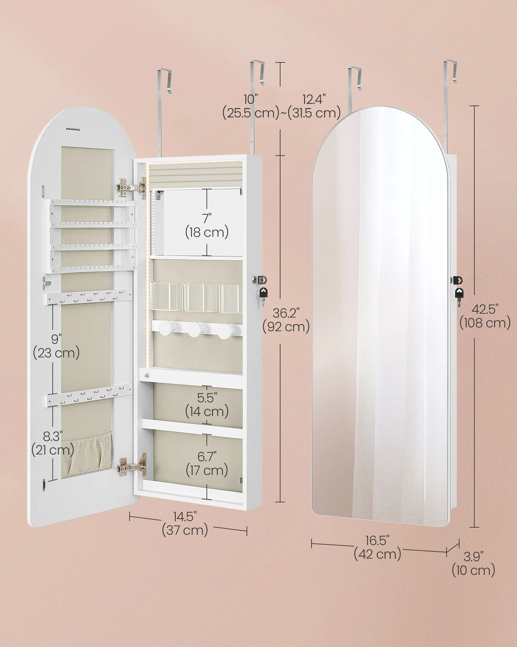 SONGMICS Wide Jewelry Organizer, LED Jewelry Cabinet Wall/Door Mounted, Arched Mirror with Storage, Lockable, Rounded Corner