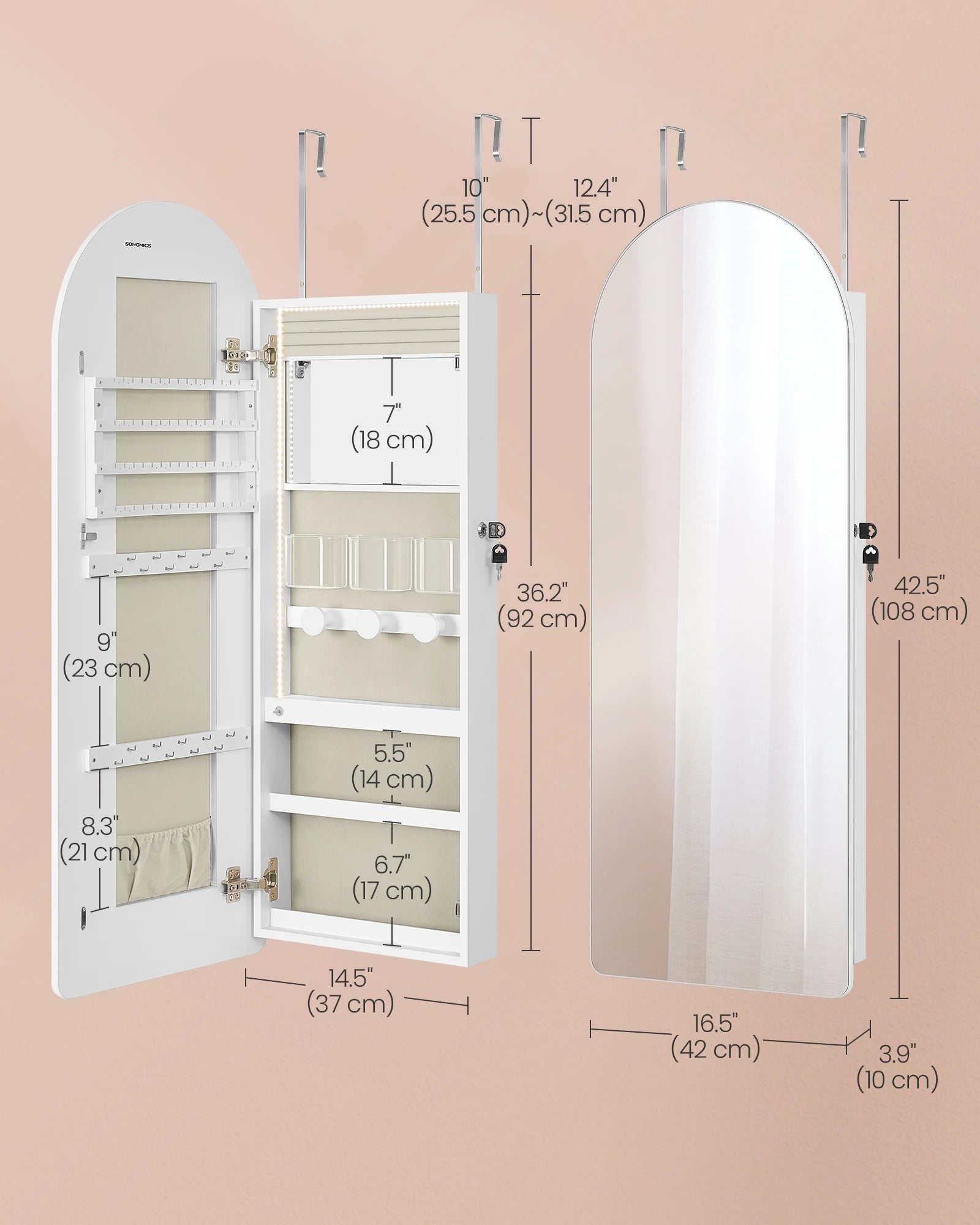 SONGMICS Wide Jewelry Organizer, LED Jewelry Cabinet Wall/Door Mounted, Arched Mirror with Storage, Lockable, Rounded Corner